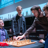 Levon Aronian, Robert Emms (Fischer), Ronan Raftery (Spassky) and Magnus Carlsen [Photography courtesy of London Chess Classic]